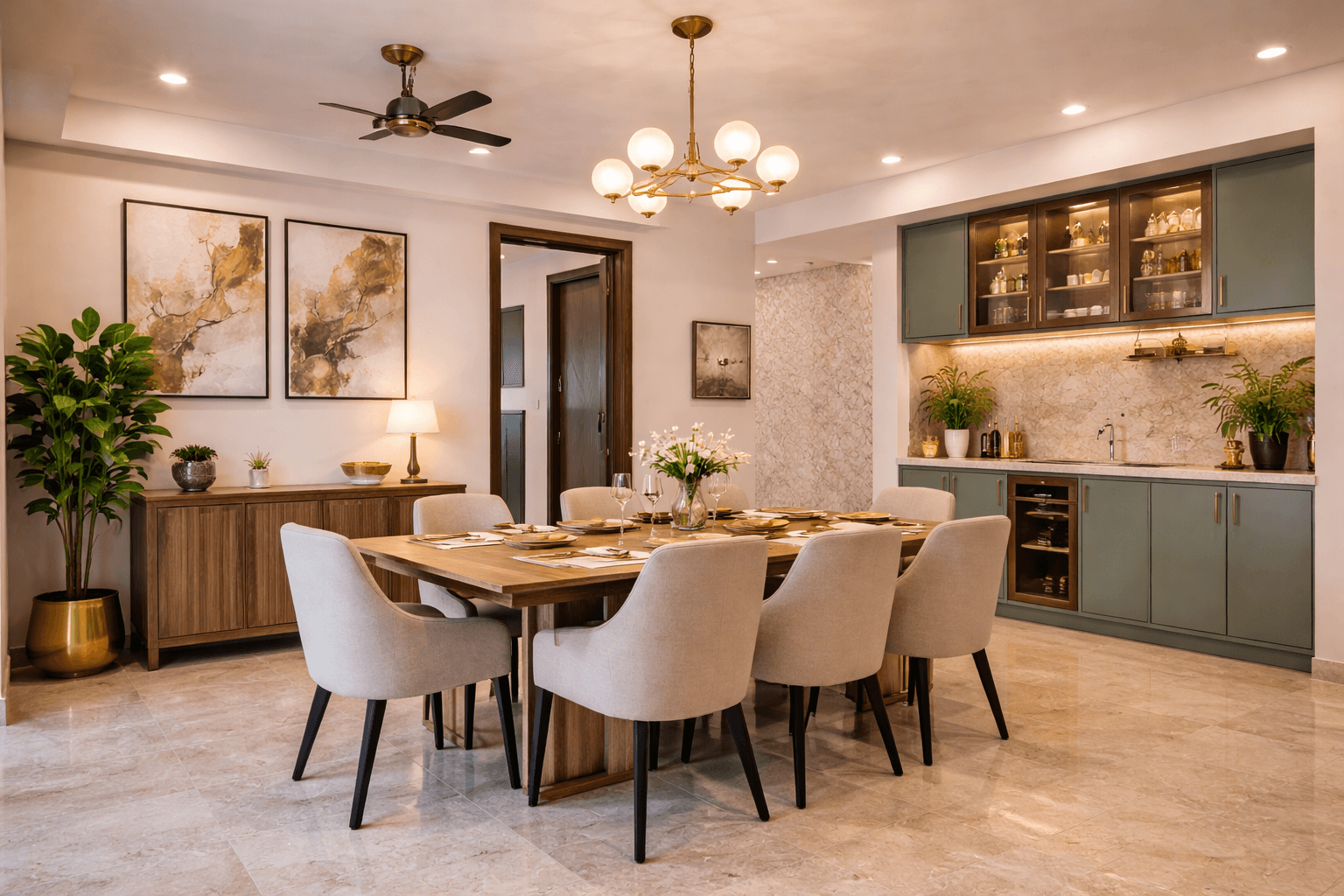Elegant dining room with sage green kitchen